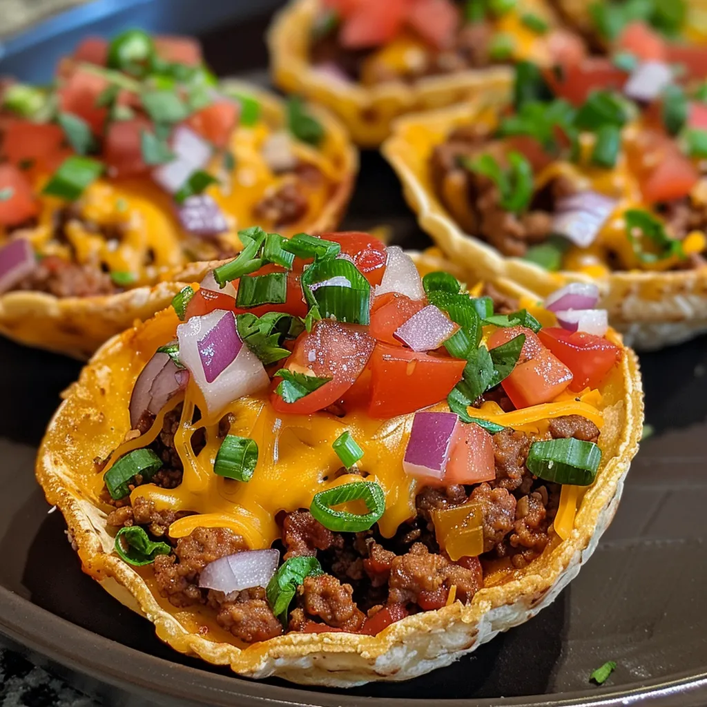 Juicy taco cups made with mini tortillas and garnished with diced tomatoes and onions.