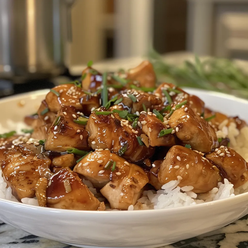 Close-up view of a succulent piece of Teriyaki Chicken glistening with sauce.