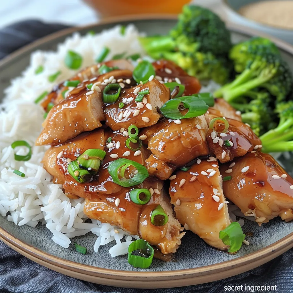 Close-up view of succulent teriyaki chicken pieces glistening with sauce, accompanied by fluffy rice and fresh vegetables.