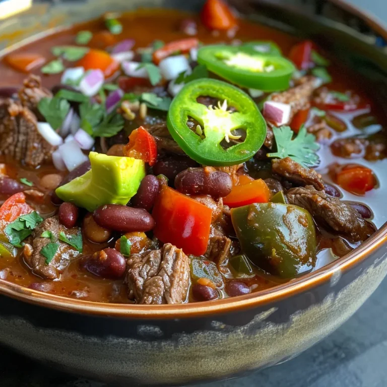 A close-up view of a bowl of Texas Style Beef Chili, showcasing thick chunks of beef and colorful vegetables.