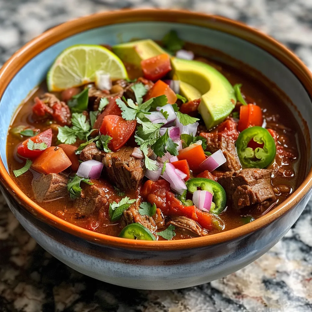 A side view of a hearty serving of Texas Style Beef Chili, highlighting its rich texture and vibrant ingredients.