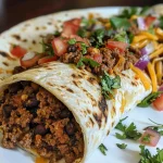 Close-up of a juicy tortilla wrap filled with ground beef, garnished with fresh toppings.