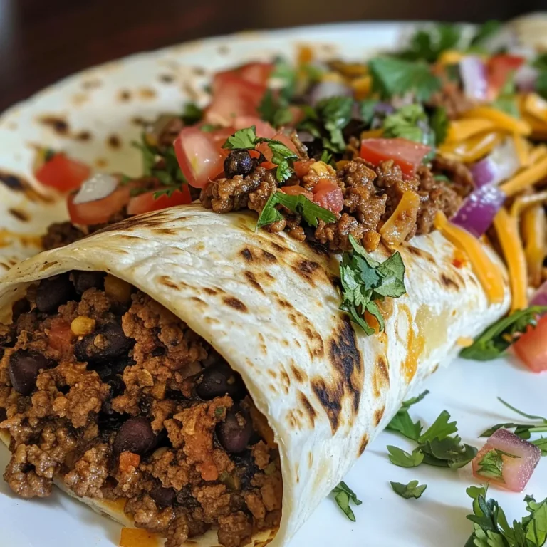Close-up of a juicy tortilla wrap filled with ground beef, garnished with fresh toppings.