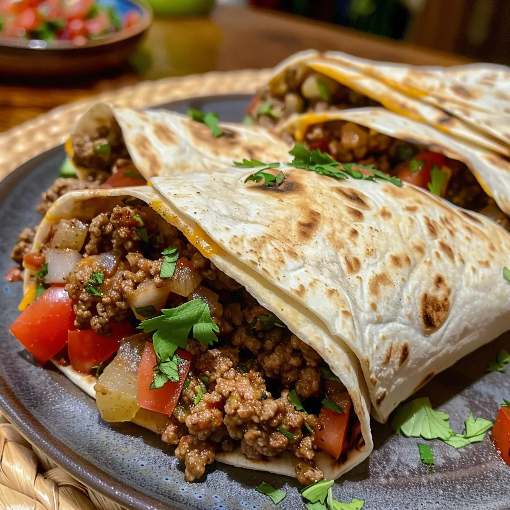 Side view of a tortilla wrap loaded with seasoned ground beef and colorful toppings.