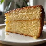 Close-up of a moist vanilla sponge cake with a light golden crust.