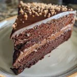 A close-up side view of a rich vegan gluten-free chocolate cake with a smooth chocolate frosting.