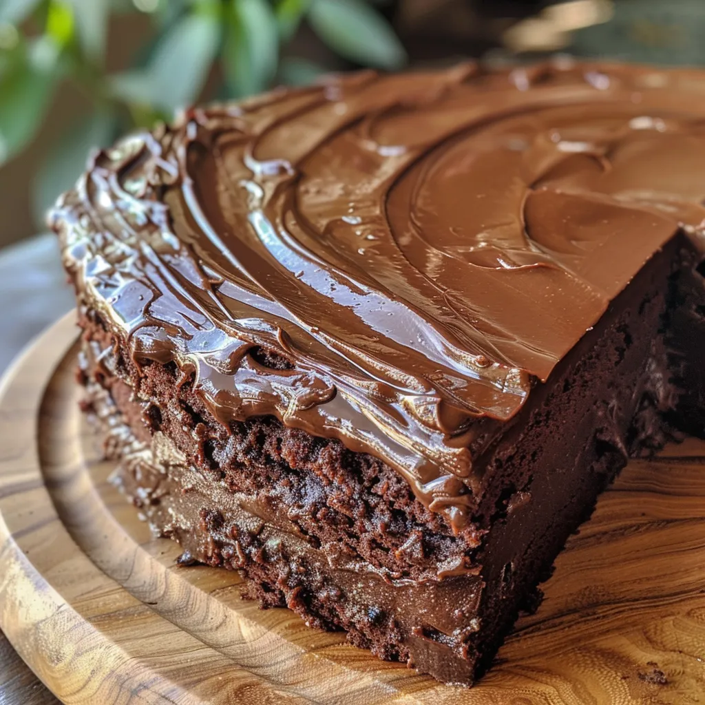 Juicy vegan chocolate cake displayed in a side profile, showcasing its moist layers and frosting.