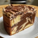 Side view of a moist vegan marble cake with a marbled chocolate and vanilla pattern.