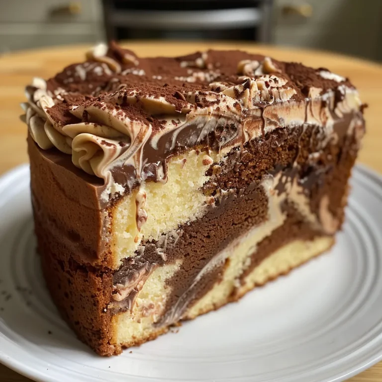 Side view of a moist vegan marble cake with a marbled chocolate and vanilla pattern.