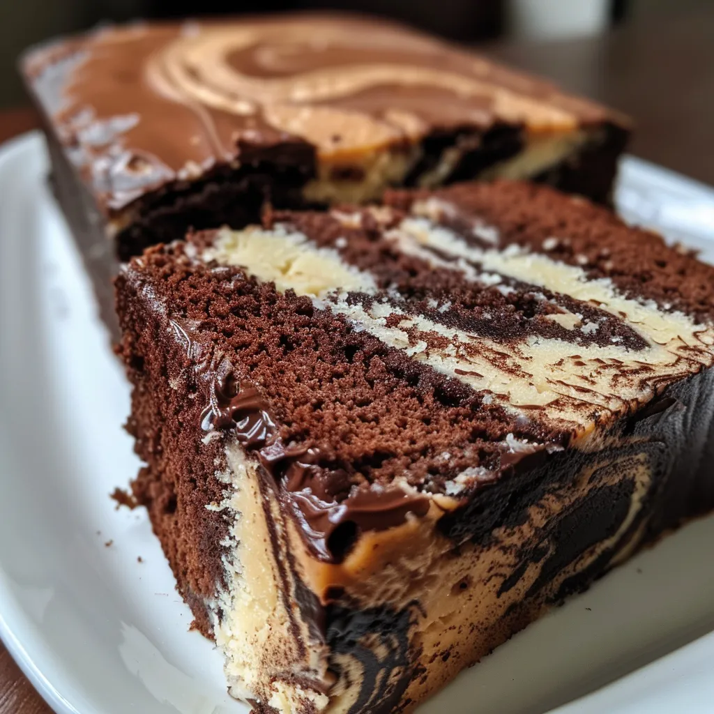 Close-up side shot of a lush vegan marble cake showcasing its rich swirl of flavors.