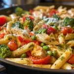 Close-up view of a colorful pasta primavera dish with chicken, vegetables, and parmesan cheese.