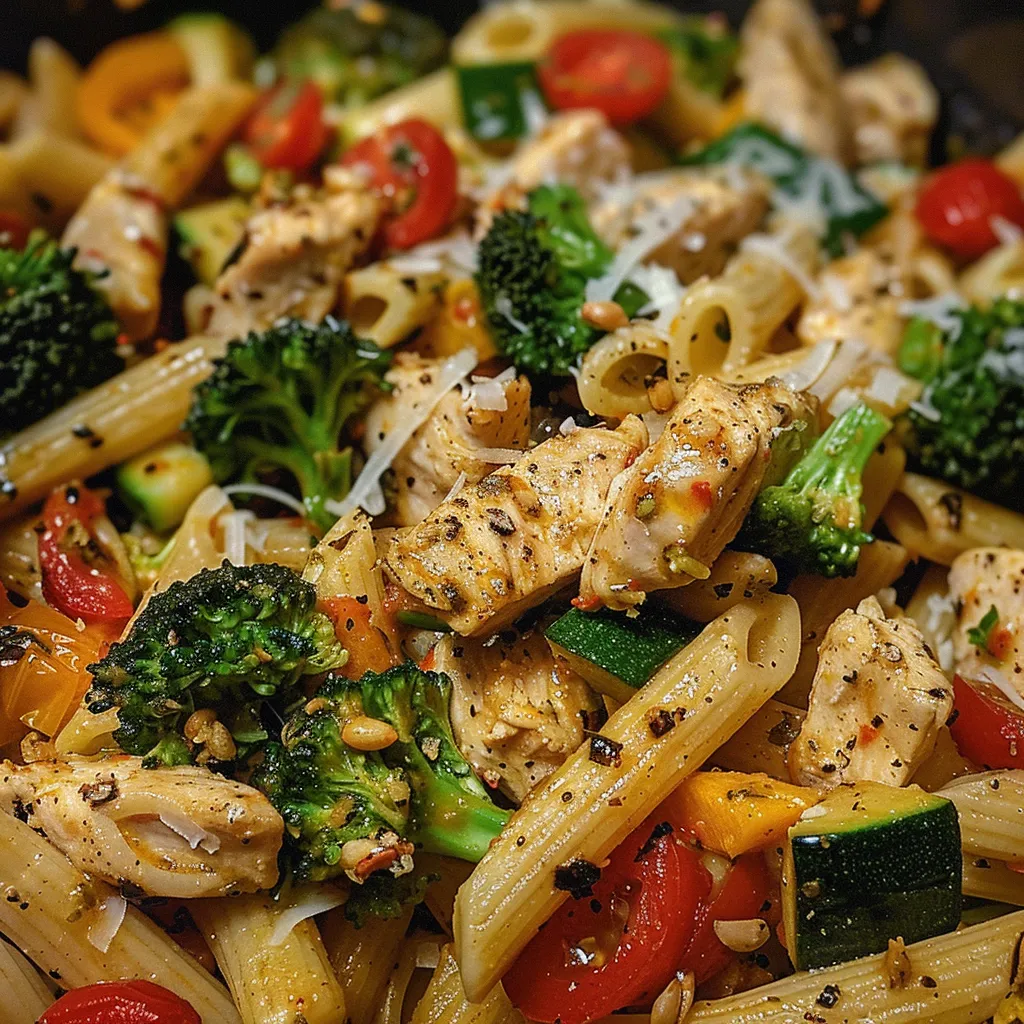Side view of a bowl filled with Vegetable-Packed Chicken Pasta Primavera, highlighting vibrant veggies.