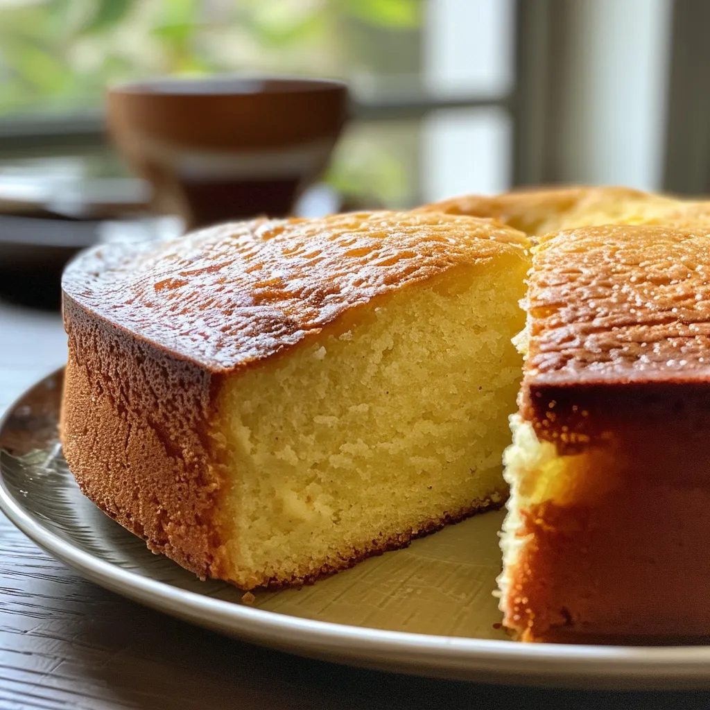 A juicy yogurt cake showcased from the side, revealing its soft texture and delicate layers.