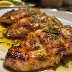 Juicy yogurt marinated chicken cutlets displayed in a close-up view.