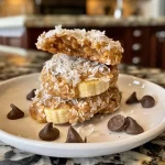 Close-up of golden-brown banana coconut cookies on a white plate.