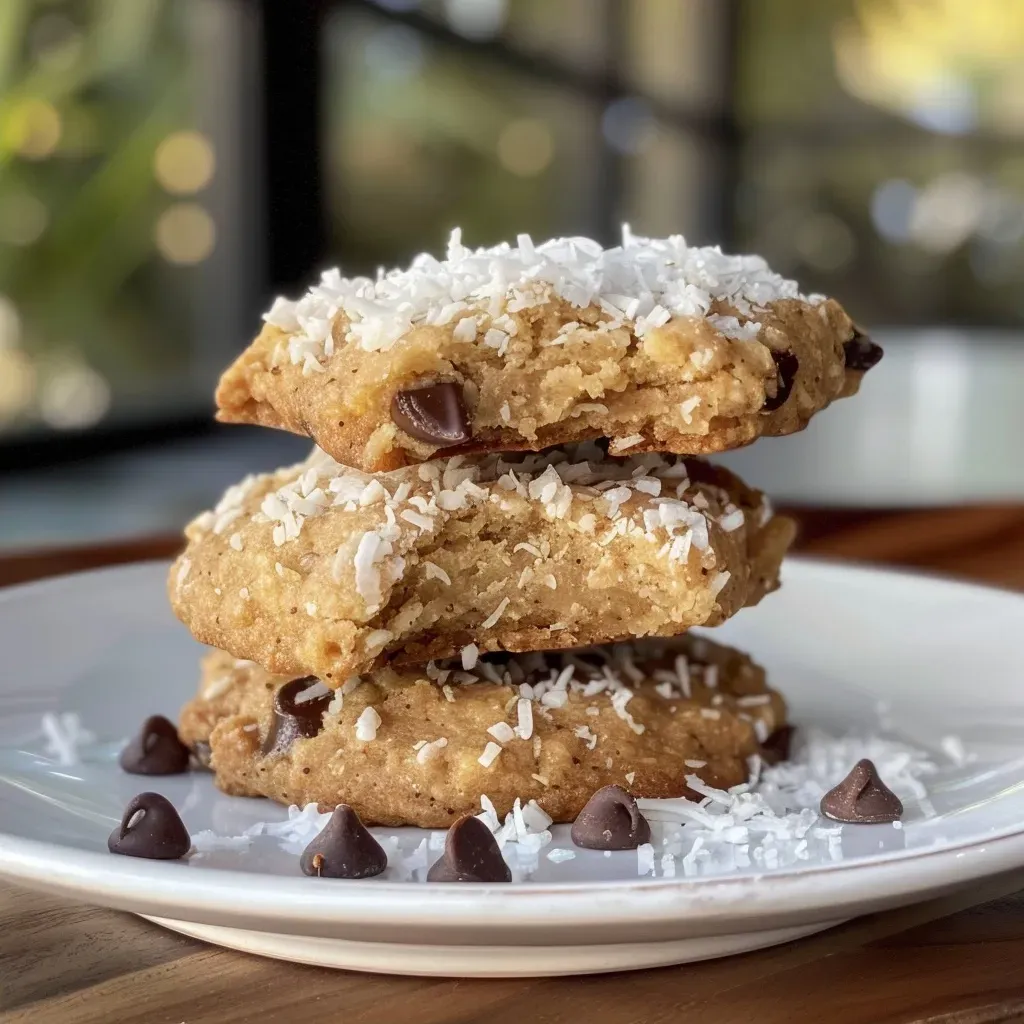Side view of fresh banana coconut cookies with a textured surface.