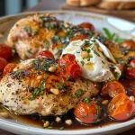 ['Close-up view of juicy chicken breast fillets topped with braised cherry tomatoes and burrata.', 'Side angle of succulent chicken with roasted tomatoes and creamy burrata on a plate.', 'Detailed image showing chicken, braised tomatoes, and fresh burrata garnished with herbs.', 'Tantalizing dish featuring chicken, vibrant tomatoes, and ball of burrata with a crusty bread side.']