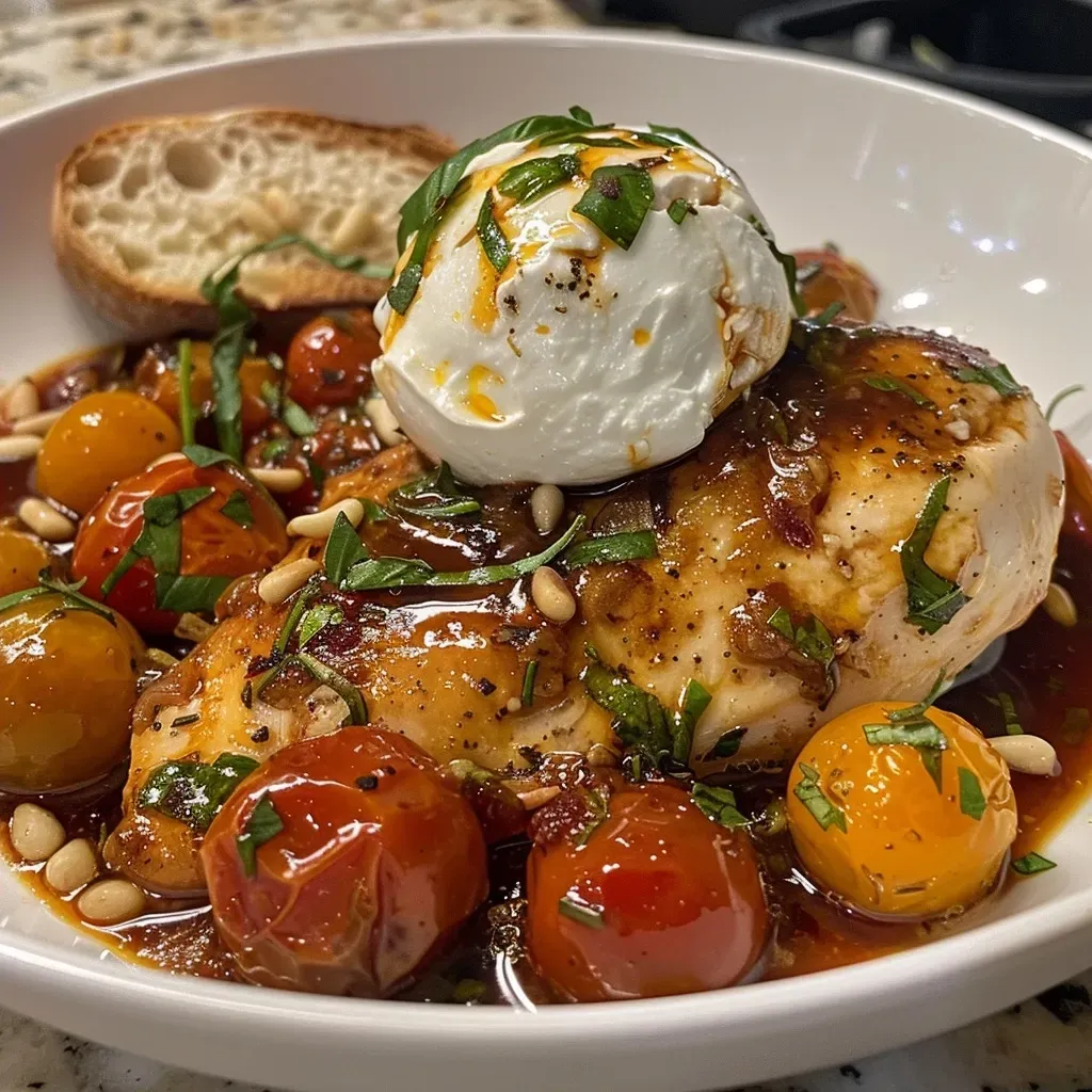 ['Close-up view of juicy chicken breast fillets topped with braised cherry tomatoes and burrata.', 'Side angle of succulent chicken with roasted tomatoes and creamy burrata on a plate.', 'Detailed image showing chicken, braised tomatoes, and fresh burrata garnished with herbs.', 'Tantalizing dish featuring chicken, vibrant tomatoes, and ball of burrata with a crusty bread side.']