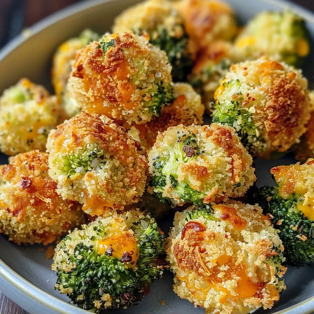 Close-up view of golden Air Fryer Cheddar Broccoli Bites, showcasing their crispy exterior.