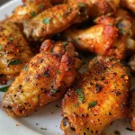 Close-up view of golden-brown air fryer chicken wings on a plate.