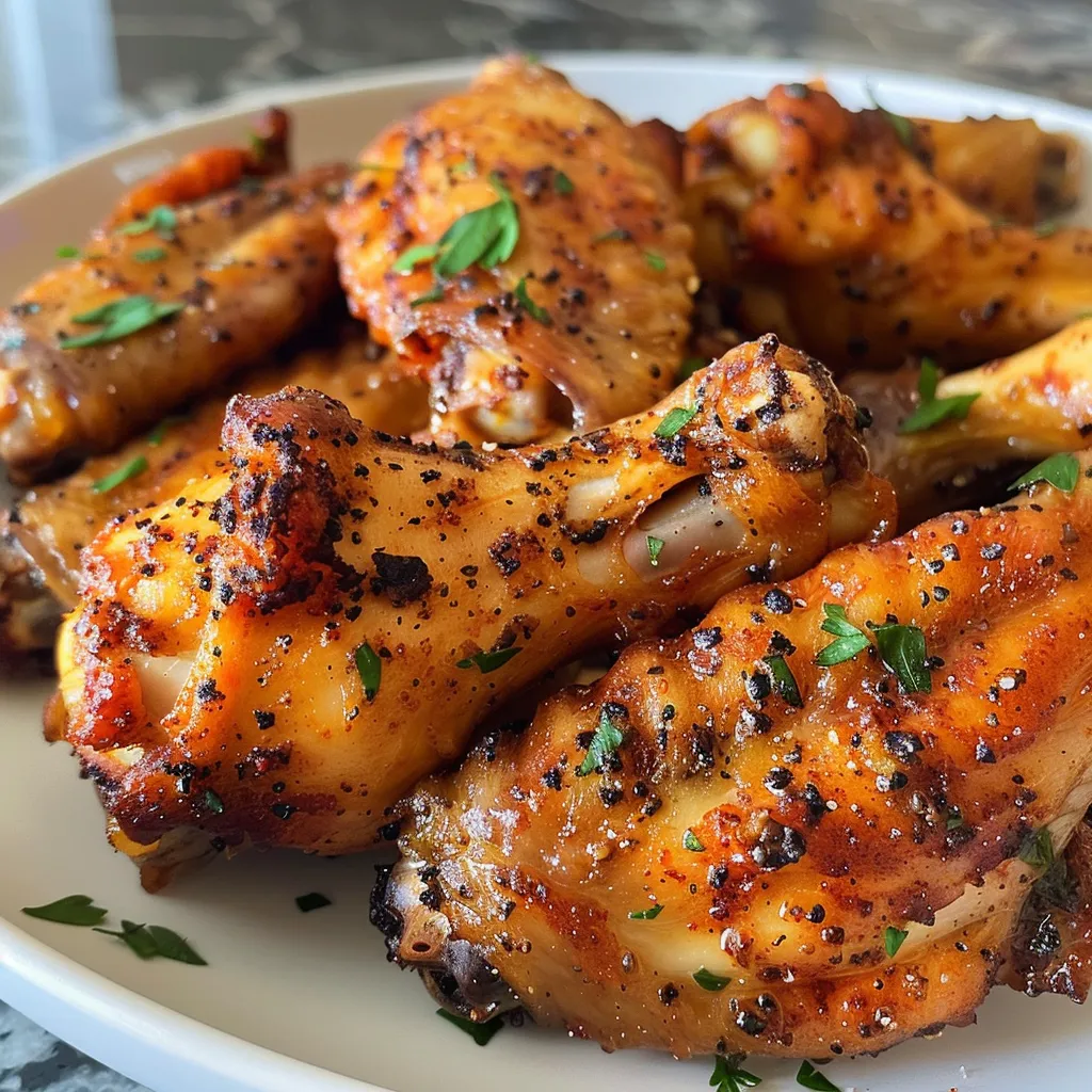 Juicy chicken wings seasoned with spices, cooked in an air fryer.