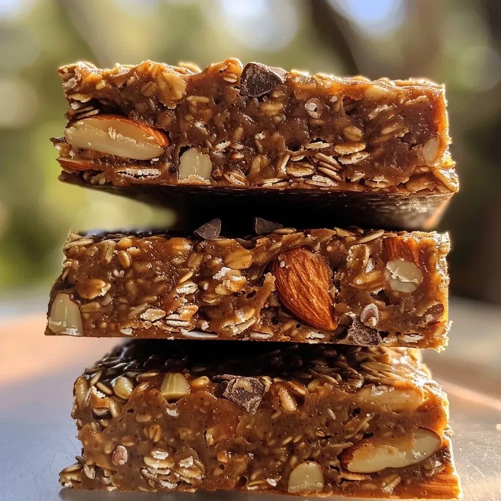 ['Close-up of almond cocoa energy bars with a glossy top and visible oats and nuts.', 'Side view of thick almond cocoa energy bars featuring dark chocolate chips and toasted almonds.', 'Juicy and chewy almond cocoa energy bars, showcasing a rich cocoa layer and crunchy texture.', 'Decadent almond cocoa energy bars with ingredients like oats, almonds, and chocolate visible.']