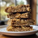 ['Close-up view of golden-brown apple cinnamon breakfast bars with visible apple chunks and walnut pieces.', 'Side view of freshly baked apple cinnamon breakfast bars topped with a sprinkle of cinnamon.', 'Juicy apple cinnamon breakfast bars on a wooden surface, showcasing their chewy texture.', 'Delicious apple cinnamon breakfast bars arranged neatly, highlighting their wholesome ingredients.']