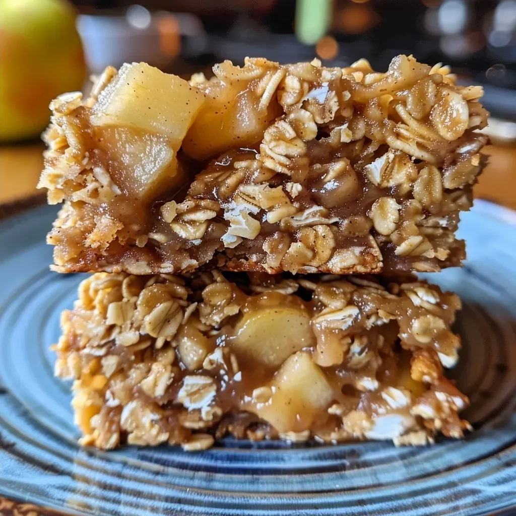 ['Close-up view of golden-brown apple cinnamon breakfast bars with visible apple chunks and walnut pieces.', 'Side view of freshly baked apple cinnamon breakfast bars topped with a sprinkle of cinnamon.', 'Juicy apple cinnamon breakfast bars on a wooden surface, showcasing their chewy texture.', 'Delicious apple cinnamon breakfast bars arranged neatly, highlighting their wholesome ingredients.']