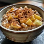 ['A close-up view of creamy Apple Pie Overnight Oats topped with apple chunks and spices.', 'Side view of a bowl filled with Apple Pie Overnight Oats, showcasing delicious apple pieces and a sprinkle of cinnamon.', 'Creamy overnight oats in a clear bowl, featuring visible chunks of apple and a rich, spiced appearance.', 'A vibrant, close-up photo of Apple Pie Overnight Oats, highlighting the texture of oats and fruit.']