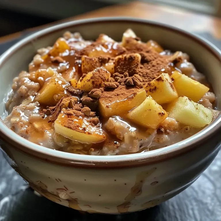 ['A close-up view of creamy Apple Pie Overnight Oats topped with apple chunks and spices.', 'Side view of a bowl filled with Apple Pie Overnight Oats, showcasing delicious apple pieces and a sprinkle of cinnamon.', 'Creamy overnight oats in a clear bowl, featuring visible chunks of apple and a rich, spiced appearance.', 'A vibrant, close-up photo of Apple Pie Overnight Oats, highlighting the texture of oats and fruit.']