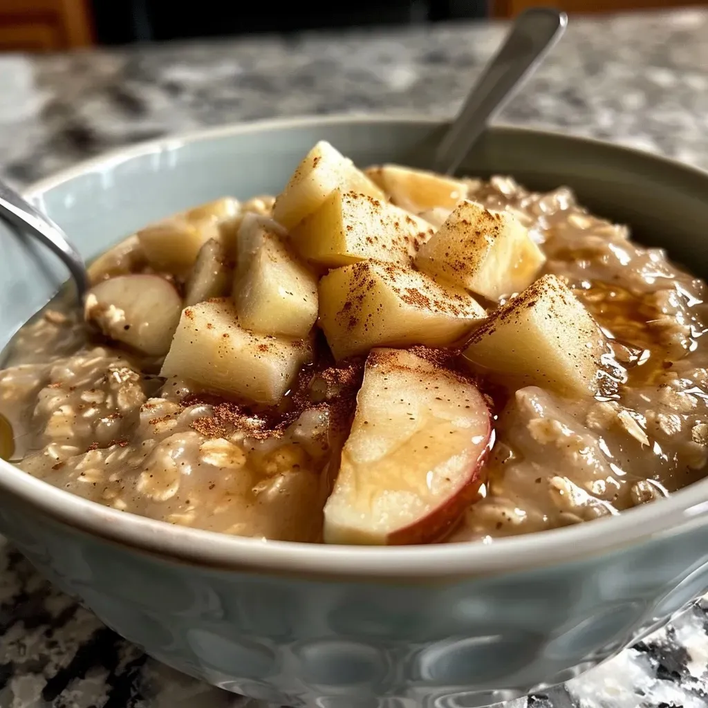 ['A close-up view of creamy Apple Pie Overnight Oats topped with apple chunks and spices.', 'Side view of a bowl filled with Apple Pie Overnight Oats, showcasing delicious apple pieces and a sprinkle of cinnamon.', 'Creamy overnight oats in a clear bowl, featuring visible chunks of apple and a rich, spiced appearance.', 'A vibrant, close-up photo of Apple Pie Overnight Oats, highlighting the texture of oats and fruit.']