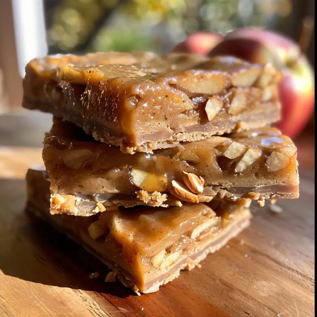 ['A close-up side view of a textured Apple Pie Protein Bar with visible apple chunks and a sprinkle of cinnamon.', 'An iPhone 15 Pro photo depicting a succulent Apple Pie Protein Bar, showcasing its layered ingredients and appealing surface.', 'Side view of a deliciously crafted Apple Pie Protein Bar, highlighting diced apples and spices within a soft texture.', 'Close-up image of a protein bar resembling apple pie, featuring pieces of apple and a dusting of cinnamon.']