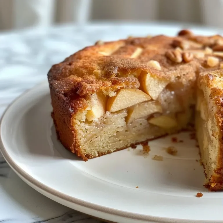 Close-up view of a moist Apple Yogurt Cake with visible apple slices.