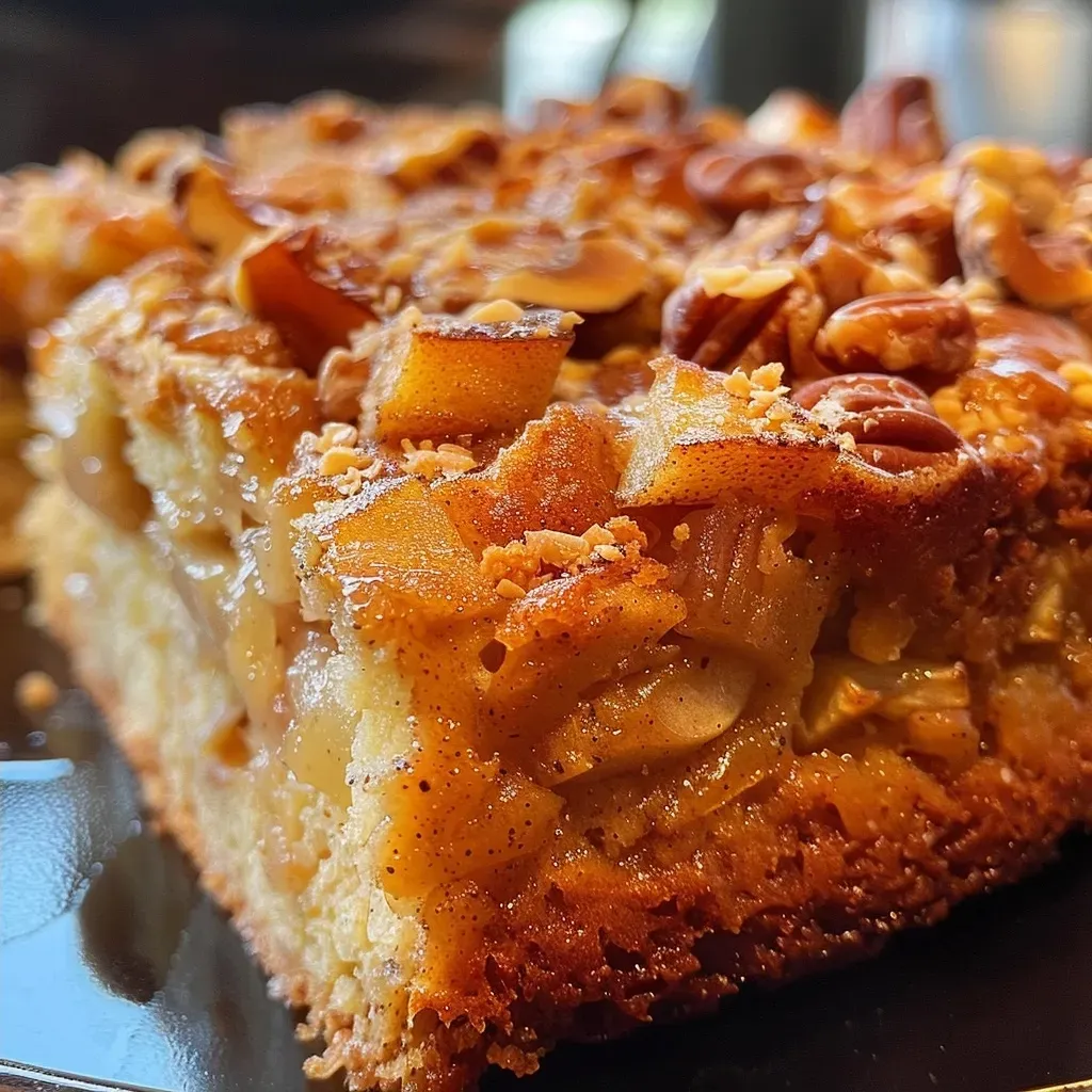 Juicy apple yogurt cake with a golden-brown crust and visible apple chunks.