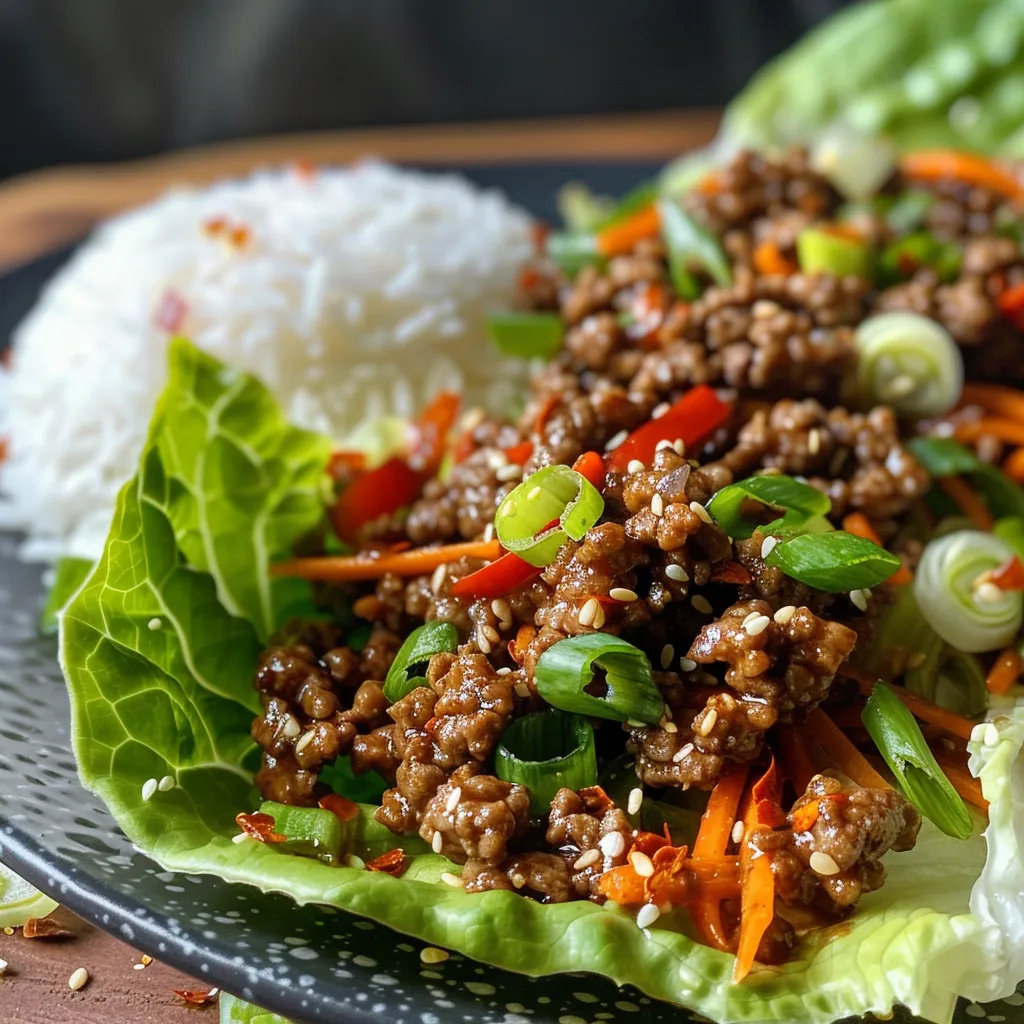 Side view of juicy ground beef wrapped in fresh lettuce leaves.