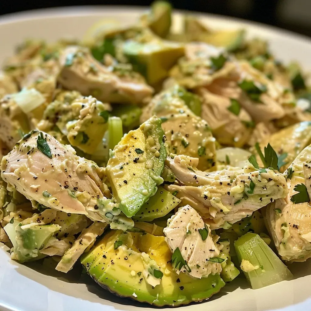Side view of a fresh avocado chicken salad with green onions and celery, showcasing creamy texture.