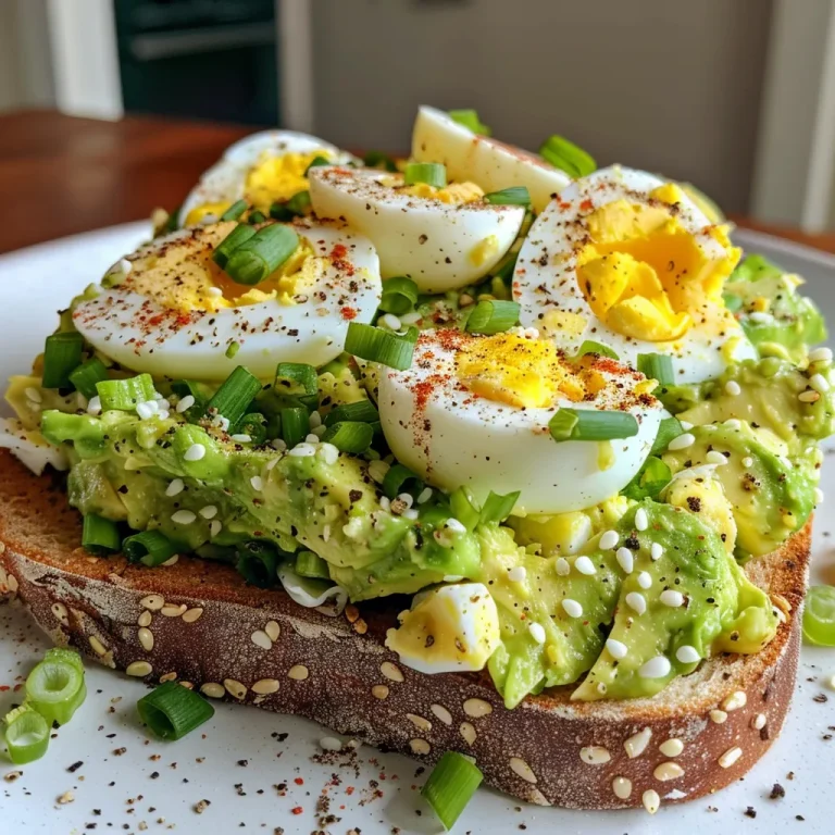A close-up view of avocado egg salad toast topped with green onions on sourdough bread.