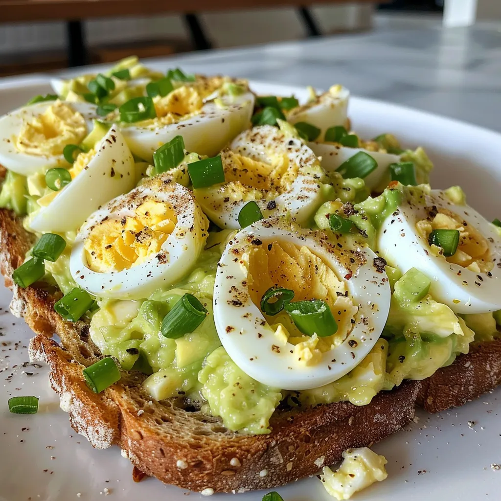 Juicy avocado egg salad spread generously on a slice of sourdough, garnished with green onion.