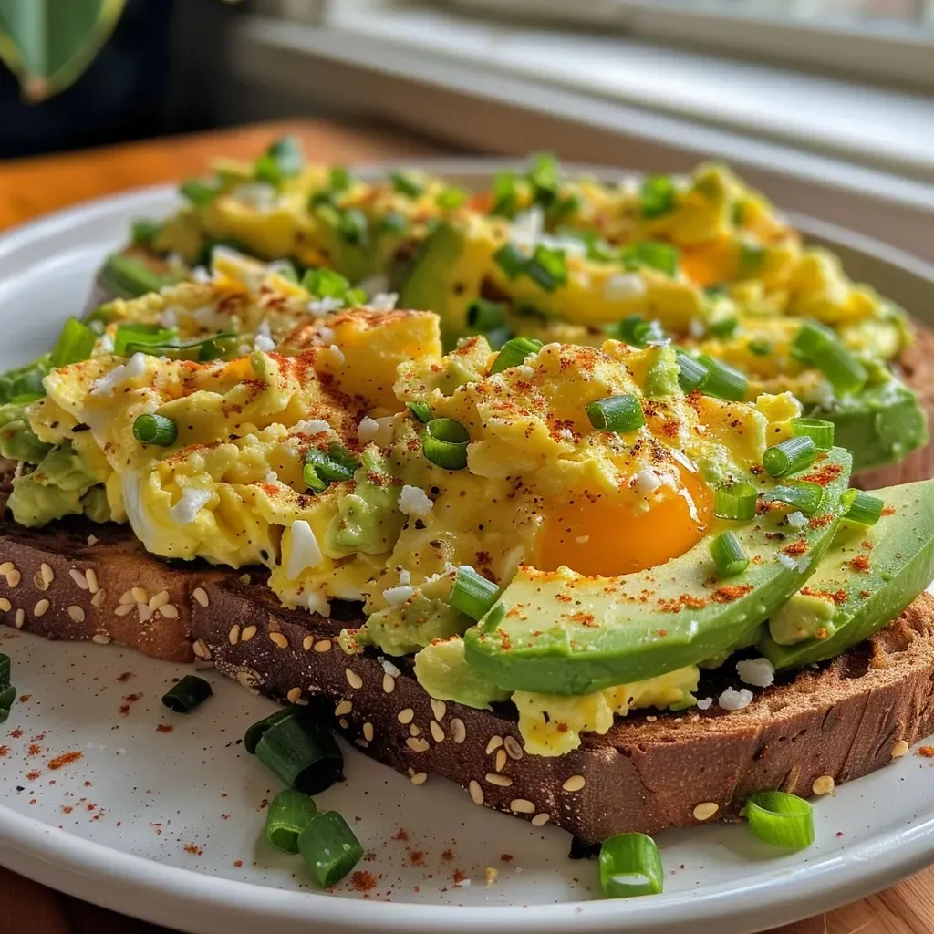 ['Juicy avocado toast topped with fluffy scrambled eggs and garnished with green onions, served on a wooden board.', 'Close-up side view of avocado toast with a perfect layer of scrambled eggs and sprinkled red pepper flakes.', 'Tasty avocado toast featuring creamy mashed avocado and cheesy scrambled eggs on a slice of Texas toast.', 'Deliciously plated avocado toast with eggs, showcasing fresh ingredients and vibrant colors.']