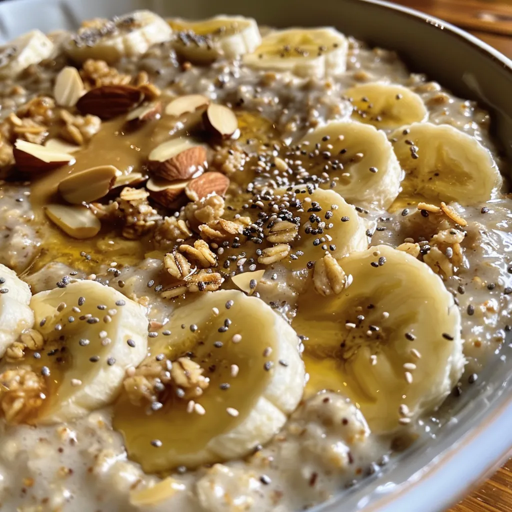 Side view of a bowl of Banana Almond Overnight Oats with granola, almond butter, and hemp hearts.