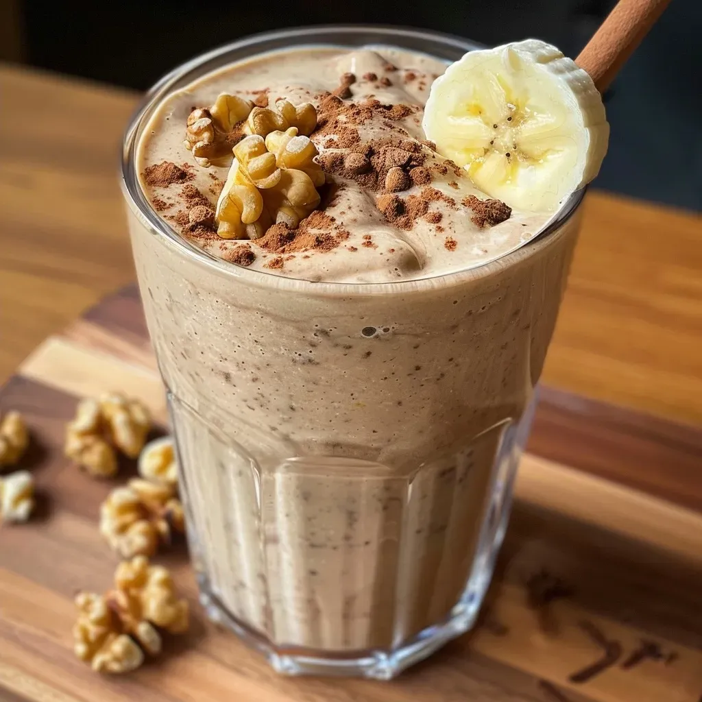 ['Close-up view of a creamy banana and walnut smoothie in a glass, topped with a sprinkle of cinnamon.', 'Side view of a delicious smoothie made with bananas and walnuts, served in a clear glass.', 'A rich, textured banana and walnut smoothie in a glass, showcasing its creamy consistency and garnished with cinnamon.', 'Refreshing banana and walnut smoothie captured close-up, emphasizing the smooth, thick texture.']