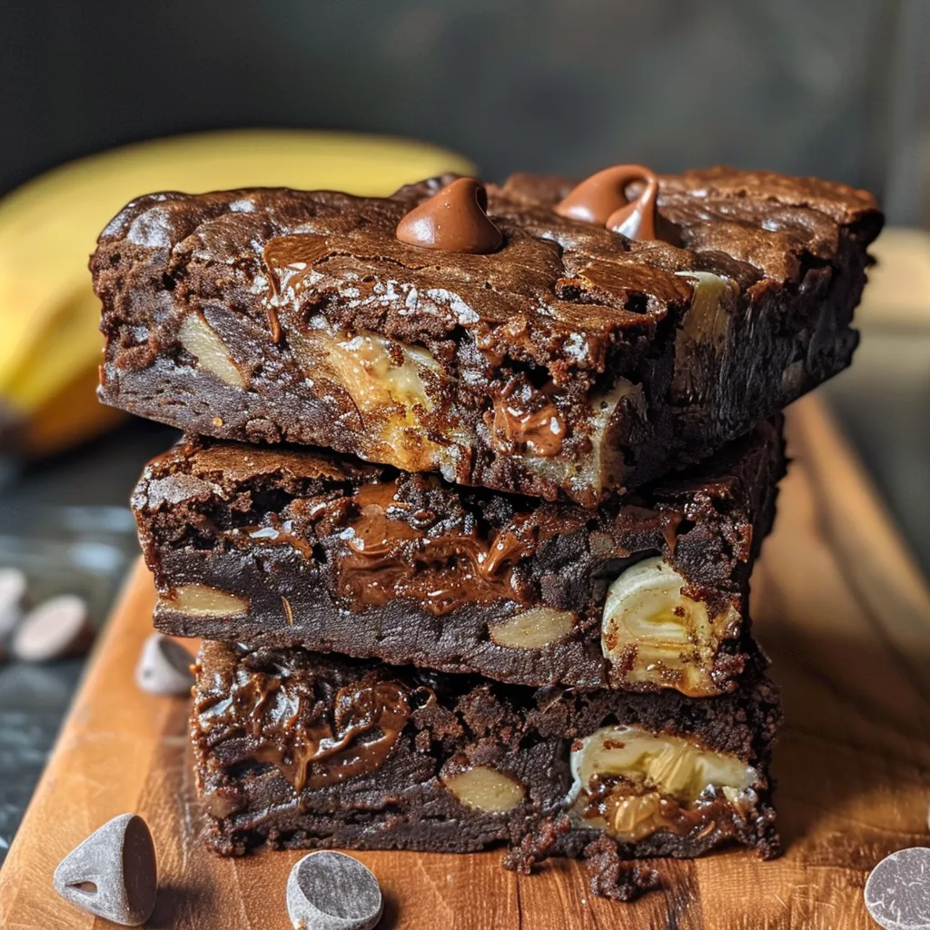 Side perspective of freshly baked banana brownies with a rich texture.