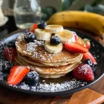 ['Juicy banana coconut blueberry strawberry pancakes stacked high, topped with fresh fruit.', 'Close-up view of fluffy pancakes with blueberries and strawberries, drizzled with syrup.', 'Side view of delicious pancakes layered with shredded coconut, blueberries, and strawberries.', 'A vibrant stack of pancakes featuring banana and coconut, garnished with whipped cream and fruit.']