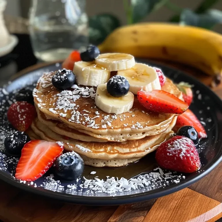 ['Juicy banana coconut blueberry strawberry pancakes stacked high, topped with fresh fruit.', 'Close-up view of fluffy pancakes with blueberries and strawberries, drizzled with syrup.', 'Side view of delicious pancakes layered with shredded coconut, blueberries, and strawberries.', 'A vibrant stack of pancakes featuring banana and coconut, garnished with whipped cream and fruit.']