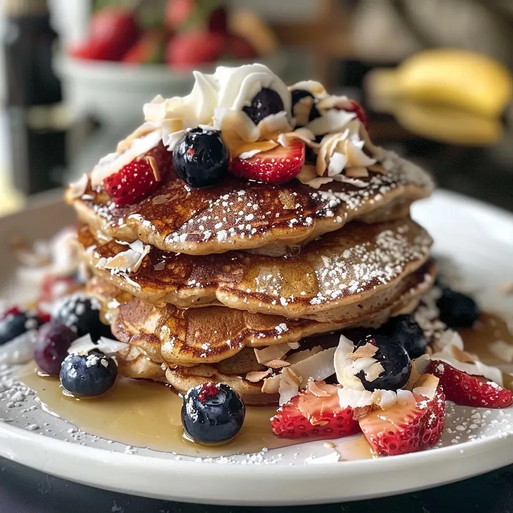 ['Juicy banana coconut blueberry strawberry pancakes stacked high, topped with fresh fruit.', 'Close-up view of fluffy pancakes with blueberries and strawberries, drizzled with syrup.', 'Side view of delicious pancakes layered with shredded coconut, blueberries, and strawberries.', 'A vibrant stack of pancakes featuring banana and coconut, garnished with whipped cream and fruit.']