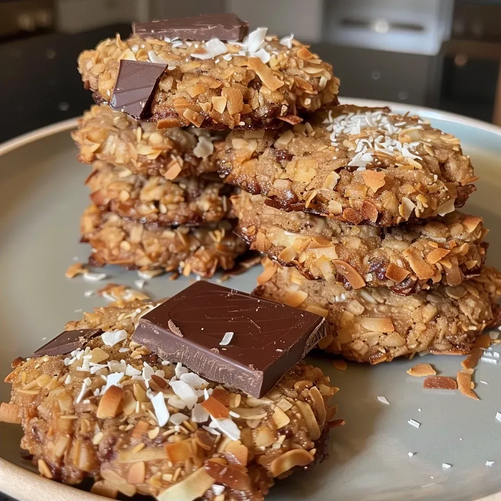 Delicious banana coconut cookies featuring chocolate chunks, shown from the side.