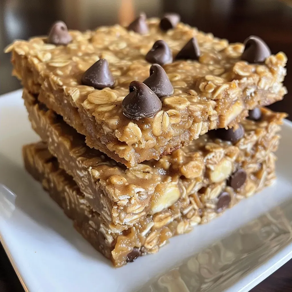Deliciously textured Banana Peanut Butter Oatmeal Bars displayed on a plate.
