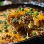 Side view of a Beef and Cauliflower Rice Casserole topped with cheese and fresh cilantro.