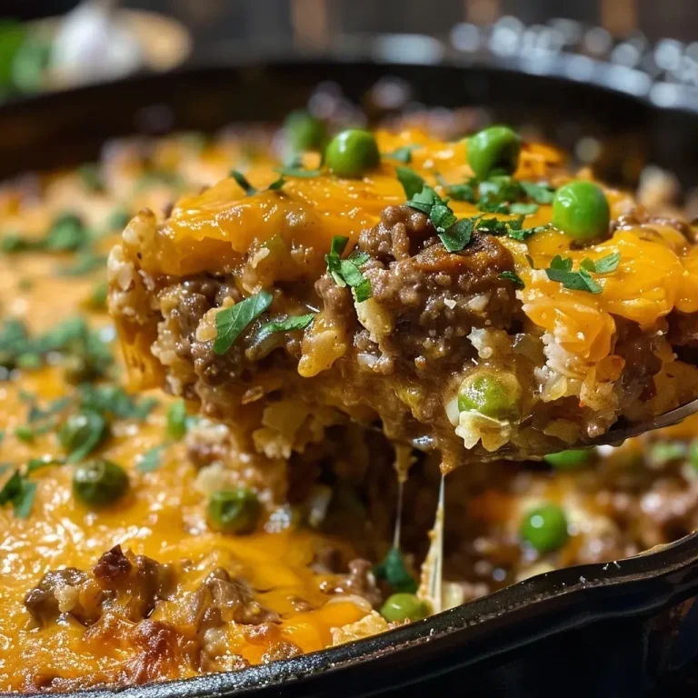 Side view of a Beef and Cauliflower Rice Casserole topped with cheese and fresh cilantro.