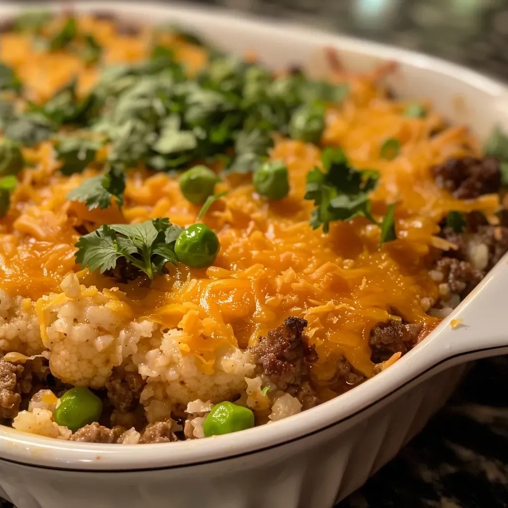 Juicy Beef and Cauliflower Rice Casserole in a baking dish, featuring melted cheddar cheese and green peas.